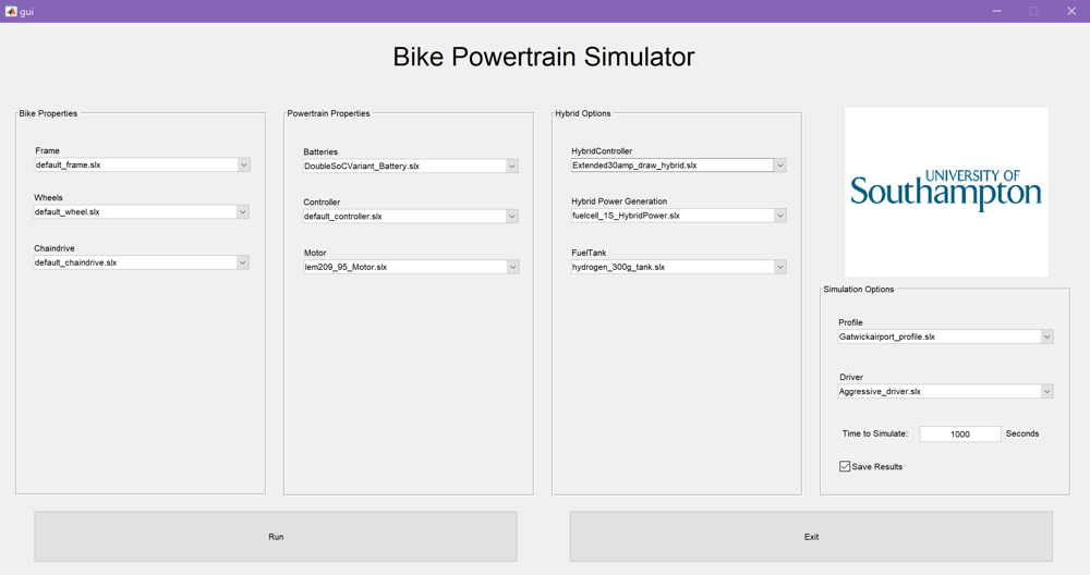 As the gui starts up, it looks for the different models placed in the foldersImage of the GUI with populated dropdown boxes to select the models, driver model, test path and various other aspectsThe overall simulation framework looks as follows, with bike, driver, road and kinematics subsectionsInside the motorcycle block, it was split into variant models for the subsystems like wheels, motors, controllers, etc.The models were simple to start off with, usually based on theoretical physical models, experimentally found models or......datasheet based modelsIf you noticed there were many output channels throughout the project, all outputting to the save file and easily plotted by post-processing scripts