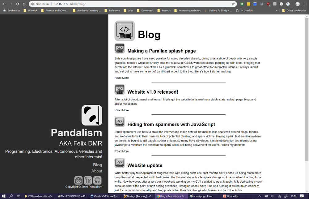 A disembodied panda head greats new visitors, with some silly JS to make it follow the mouseThe blog page is paginated blog entries, with summaries and a category logoThe about me page